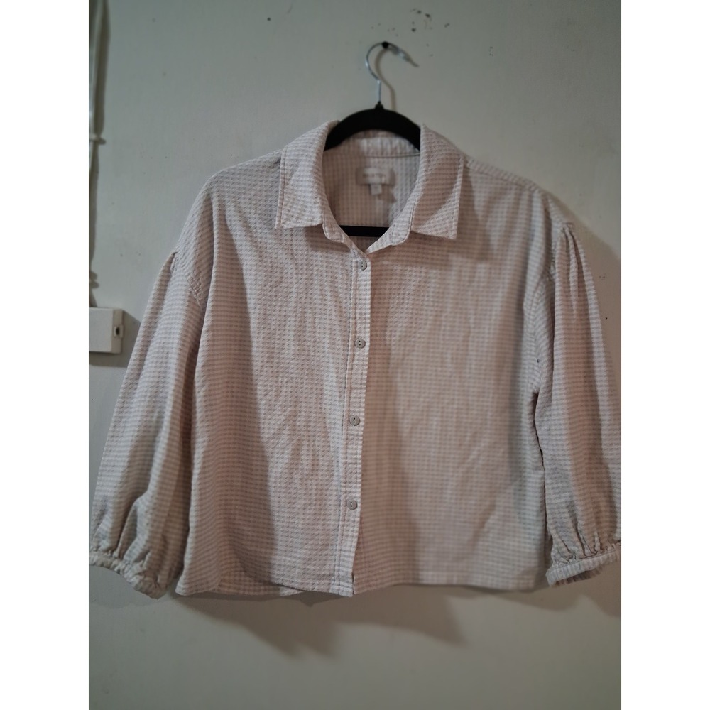 Brixton Womens Tan Gingham Textured Button Up Top Elastic Cuff Size M